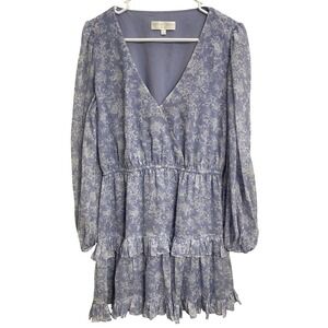 Caroline Constas Floral Mini Dress Blue Ruffle Long Sleeve Cottagecore Boho L